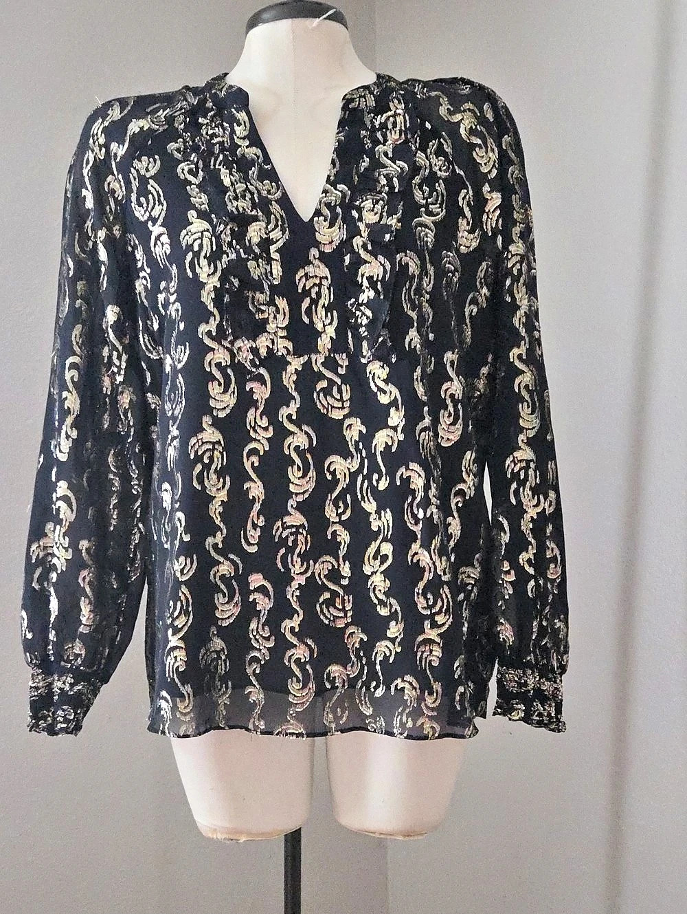 Lilly Pulitzer Angelika Black and Gold Ruffle Blouse -Size S